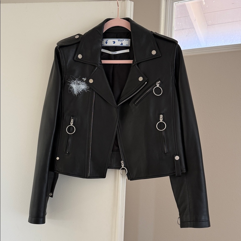 Off-White Black Leather Jacket with Silver Accents